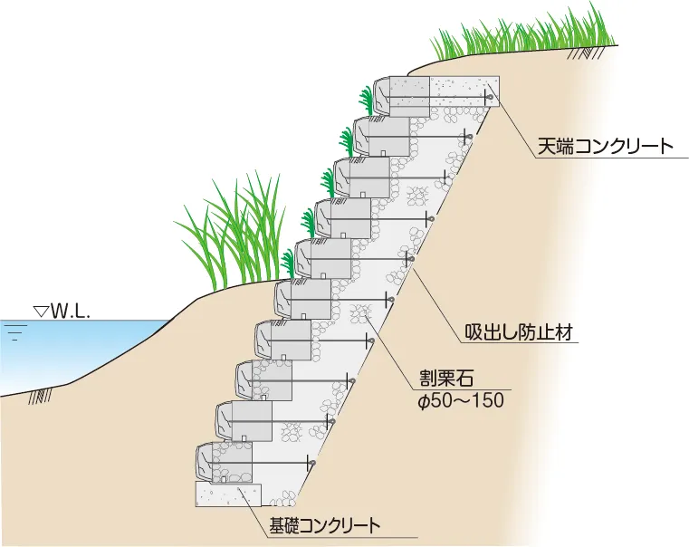 ラップブロック河川用の緑化積工標準断面図